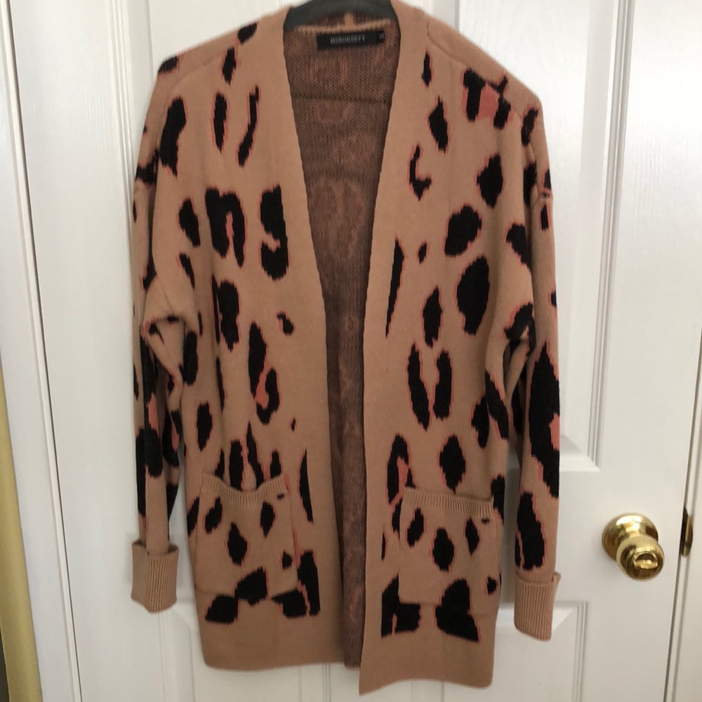 Leopard print cardigan with pink, tan and black